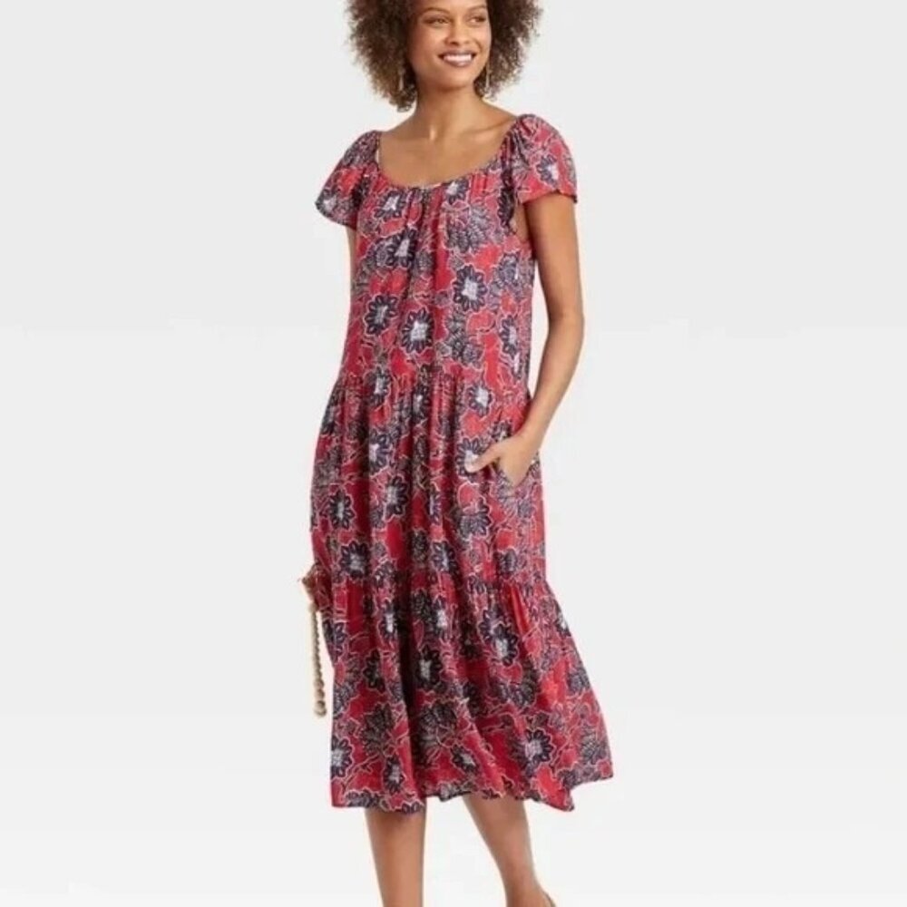 Knox Rose Flowy Tiered Midi Dress w/ Pockets Lined Red Navy Size XS